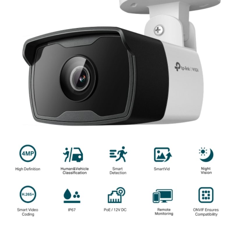 Cámara IP VIGI tipo Bala 4MP.  Lente Fijo 4 mm.  INCLUYE Detección Inteligente (Clasifica Humanos y Vehículos), Detección de Movimiento, Detección de Intrusión de Área, Detección de Cruce de Línea, Detección de Manipulación de Cámara, Detección de Objeto abandonado, Detección de Remoción de Objetos. - Image 2